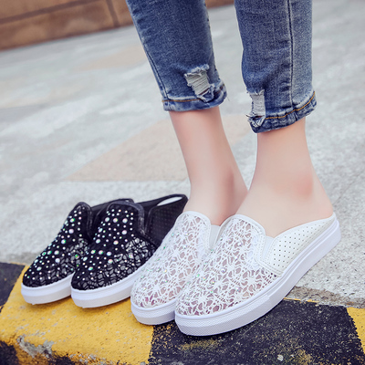 半拖小白鞋女网纱包头夏季网面透气平底2019新款学生一脚蹬懒人鞋
