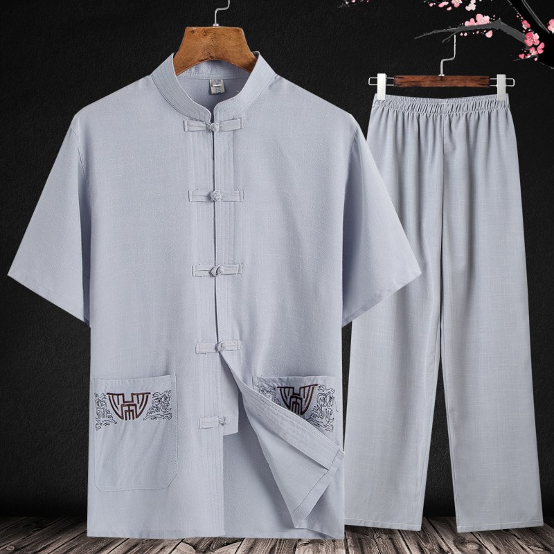 老人唐裝男中老年人中國風薄款棉麻爸爸套裝夏天爺爺夏季短袖衣服在類目 男裝, 民族服裝中 - 來自Buy2taobao.com提供專業的淘寶代購服務