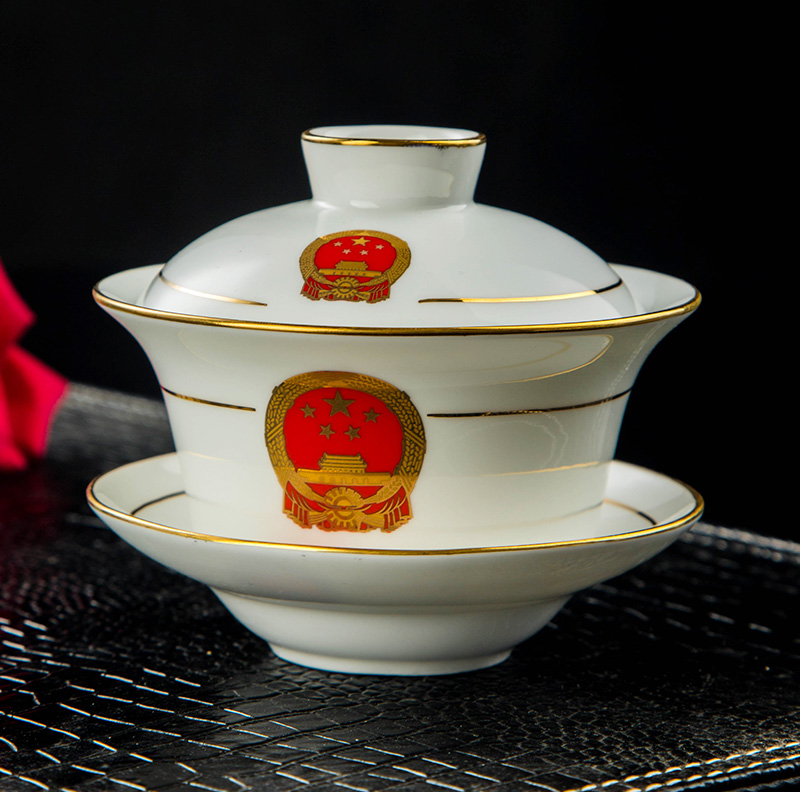 大号盖碗茶杯套装景德镇陶瓷器骨质瓷水杯子带盖三才碗描金边国徽在类目 餐饮具, 茶具, 盖碗中 - 来自Buy2taobao.com提供专业的淘宝代购服务