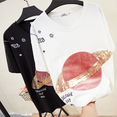 洋气大码女装200斤胖mm遮肚上衣短袖胖妹妹仙女减龄亮片星球t恤潮