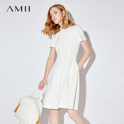 Amii极简黑色大码连衣裙女2019夏新款运动polo领裙A字中长裙子