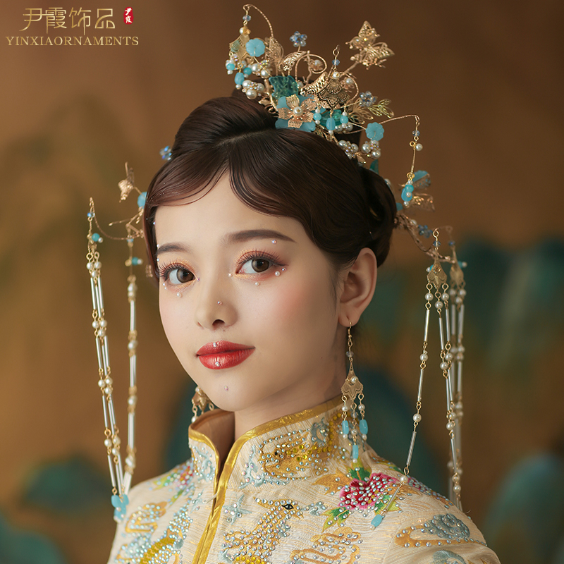 尹霞饰品高端中式新娘头饰蓝色秀禾服凤冠发钗步摇古典新娘T151在类目 饰品/流行首饰/时尚饰品新, 发饰中 - 来自Buy2taobao.com提供专业的淘宝代购服务