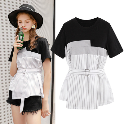 MG小象短袖t恤女夏2018新款小心机体恤收腰条纹假两件拼接上衣潮