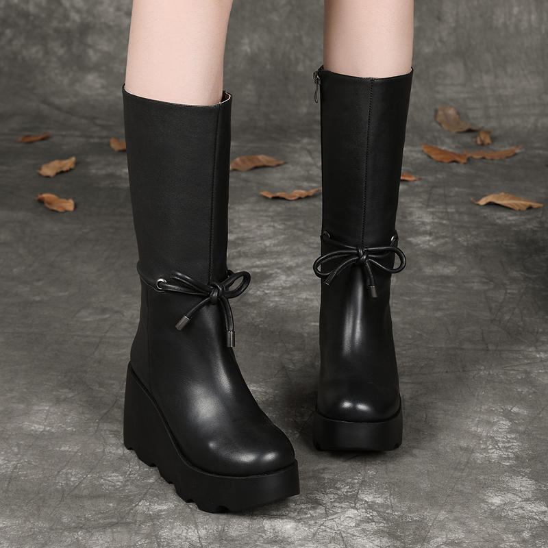 2018 Autumn and winter new pattern Retro High Boots With slope Side zipper genuine leather Boots Round Plush Show thin Knight bootsin the Women's Shoes, Boots category - from Buy2taobao.com to provide professional Taobao agent buy service