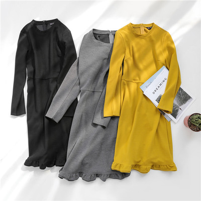 英国出口单 春秋季百搭 荷叶花苞摆修身大码女装长袖连衣裙