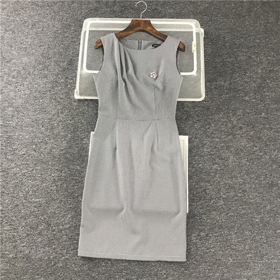 出口英国单 夏季新款OL风有大码抽褶圆领 显瘦格子纹修身连衣裙