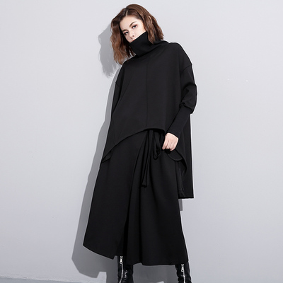 X秋冬大码女装2017新款高领前短后长连衣裙宽松中长款长袖打底裙