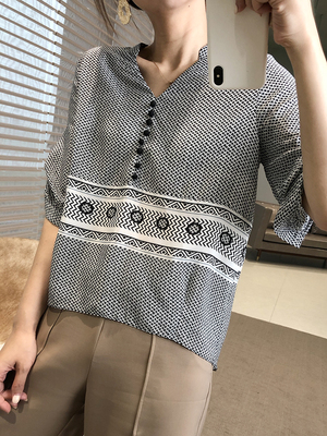 菇凉，该买一件千鸟格了~02真丝双绉 二翻袖衬衫 女ⓖFJPL018