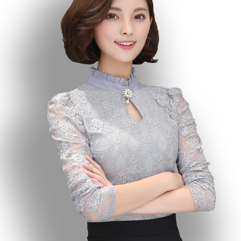 女士打底衫2017秋冬季新款加绒加厚保暖上衣小衫长袖t恤女蕾丝衫