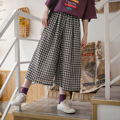 小雨良品 日系黑色棉麻格子阔腿裤女夏季薄款高腰九分小个子裤子