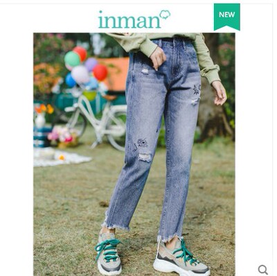 茵曼2019春装新款中高腰破洞毛边韩版潮流显瘦百搭直筒牛仔裤女