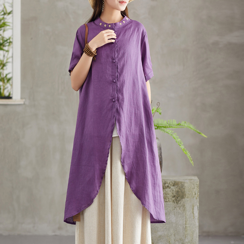 Clothes are Princess literature Retro Embroidery Irregular Pure linen shirt 2019 summer Short sleeved Show thin jacketin the Women's clothing/Boutique , Shirt category - from Buy2taobao.com to provide professional Taobao agent buy service