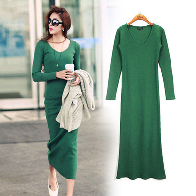 2016秋冬V领复古连衣裙中长款大码长袖女装修
