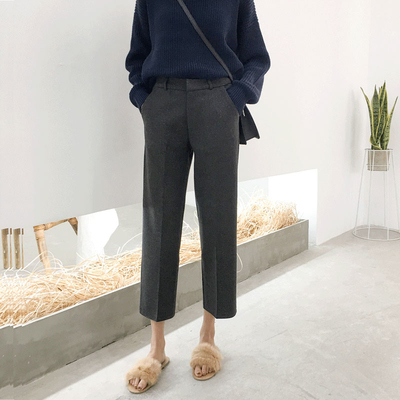 秋冬新款毛呢阔腿裤女韩版复古高腰呢料微阔直筒裤休闲烟管九分裤