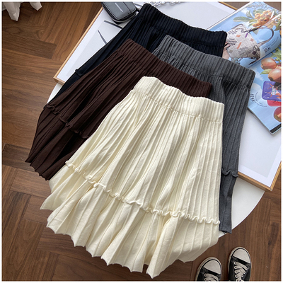 一款好裙纸！文艺复古风 木耳边点缀抗条毛针织半身裙短裙162187