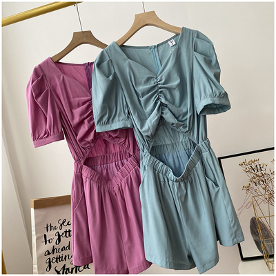 包邮 韩版泡泡袖V领收腰气质连衣裤宽松露脐小性感连体裤160312