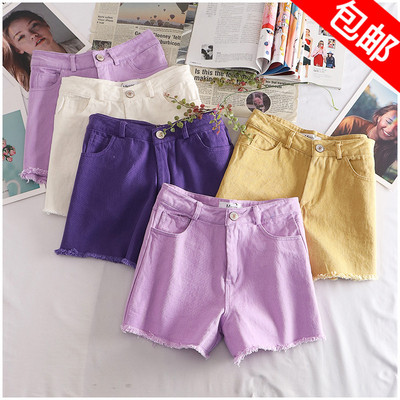 包邮 夏季韩版百搭高腰提臀毛边短款牛仔裤女 31395