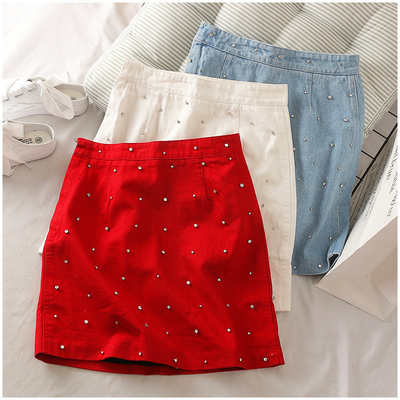 淘淘衣裳 夏季新品百搭高腰包臀镶钻拉链短裙女33564