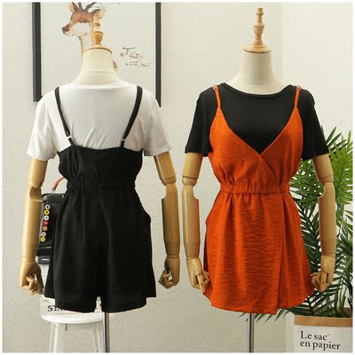 淘淘衣裳 夏季新款V领无袖纯色收腰阔腿吊带连体裤女30295