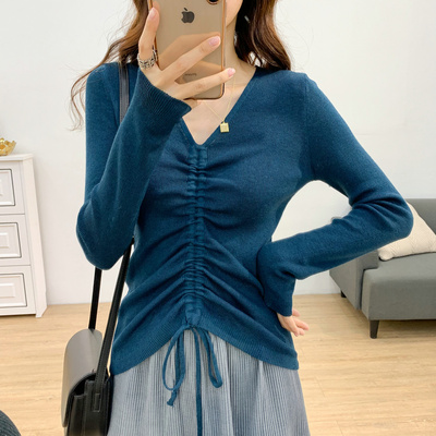 大弹力抽绳V领长袖针织衫女秋冬韩版百搭修身显瘦褶皱上衣打底衫