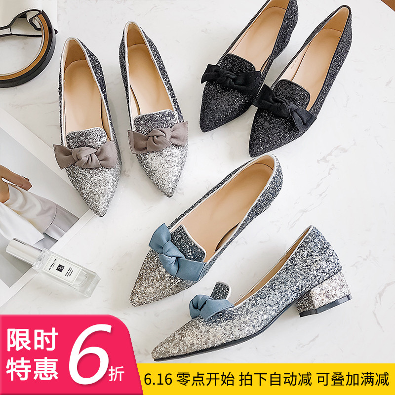 YZstudio韓版尖頭粗跟休閑鞋2018新款夏淺口中跟蝴蝶結亮片單鞋女在類目 女鞋, 低幫鞋中 - 來自Buy2taobao.com提供專業的淘寶代購服務