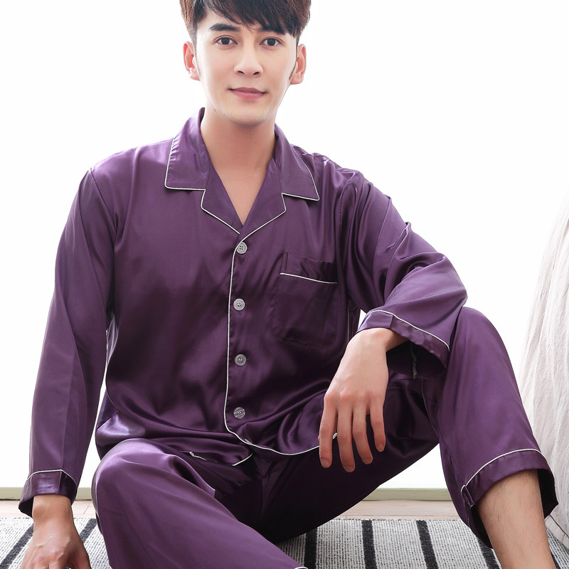包邮夏季男士睡衣春秋款仿真丝质长袖薄款男短袖加大码家居服套装