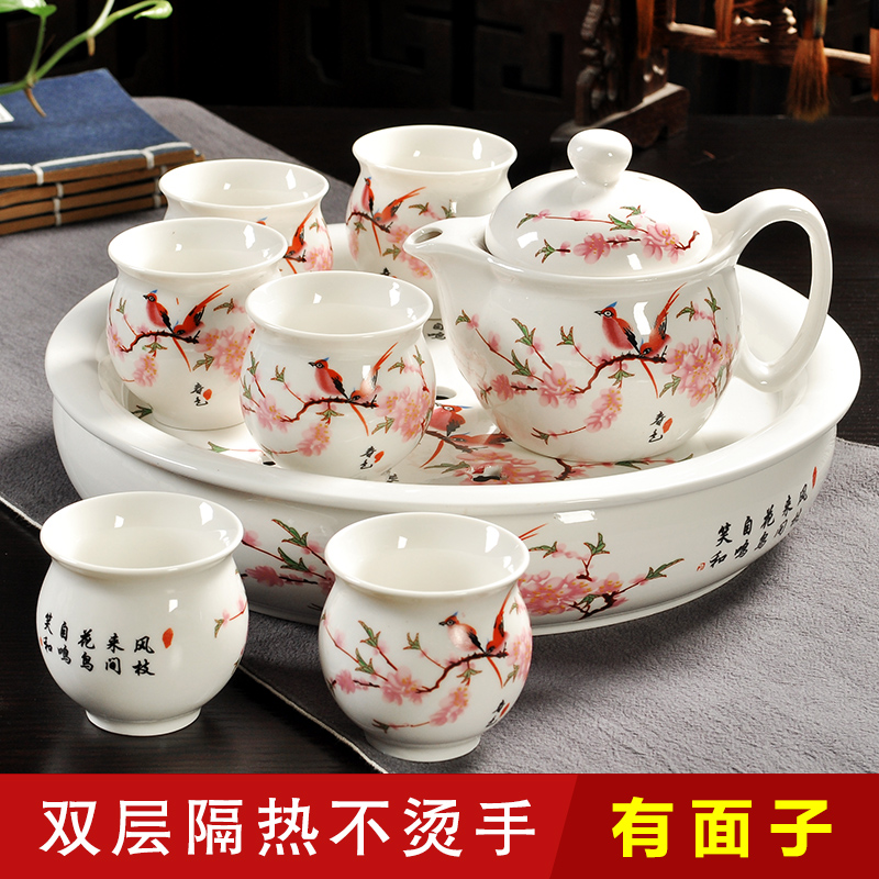 茶具套装特价整套家用6人青花瓷双层隔热大号茶壶杯陶瓷套装茶具