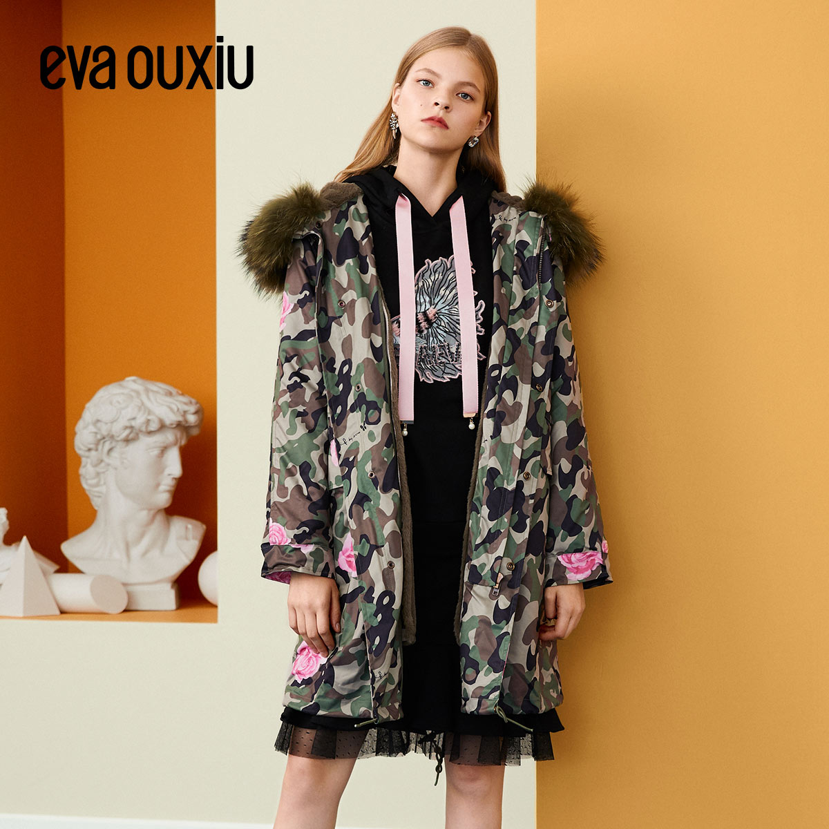 伊華歐秀2018冬季女裝迷彩大毛領皮草外套印花拉鏈保暖派克服在類目 女裝/女士精品, 皮草中 - 來自Buy2taobao.com提供專業的淘寶代購服務