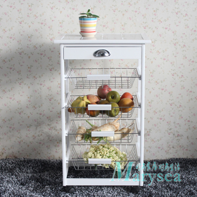 田园风瓷砖面厨房置物收纳层架蔬菜架子实木微波炉架简易小餐车