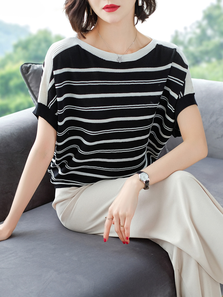 stripe T-shirt Short sleeved have cash less than that is registered in the accounts 2019 summer new pattern Easy Large Borneol Sweater Bat shirt jacketin the Women's clothing/Boutique , Wool sweater category - from Buy2taobao.com to provide professional Taobao agent buy service