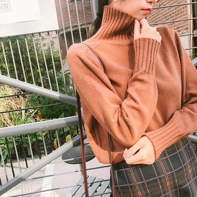 空气猫|2017冬装新款百搭高领纯色5色长袖毛衣女宽松短款针织衫