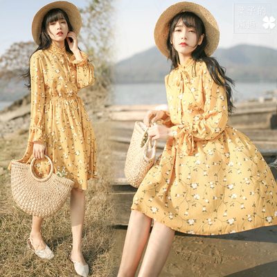 2018春季森系荷叶边领口蝴蝶结系带碎花雪纺连衣裙仙女裙学生甜美