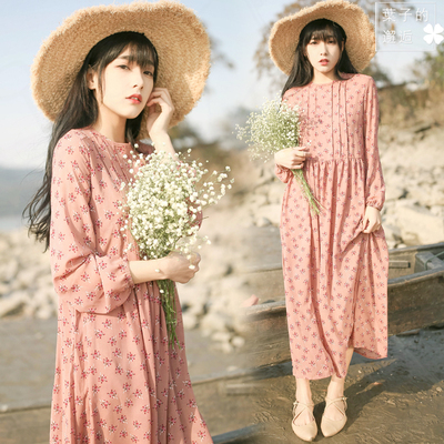 文艺森女高腰风琴褶碎花雪纺宽松连衣裙泡泡袖裙子及踝长裙女学生