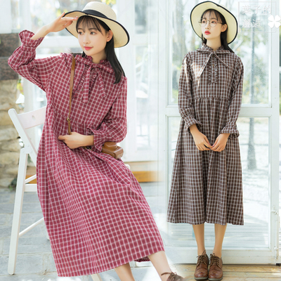 春森系文艺格子高腰荷叶边娃娃裙蝴蝶结韩版小清新连衣裙宽松裙子
