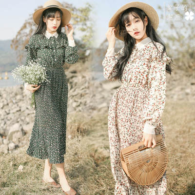 森系文艺小清新碎花网纱拼色荷叶边雪纺收腰遮肚连衣裙中长款裙子