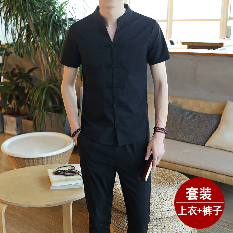 中式唐装男士棉麻套装中国风夏季短袖t恤复古盘扣古装汉服两件套|msdalam kategori Pakaian Lelaki, pakaian kebangsaan - dari Buy2taobao.com untuk memberikan perkhidmatan ejen Taobao profesional membeli