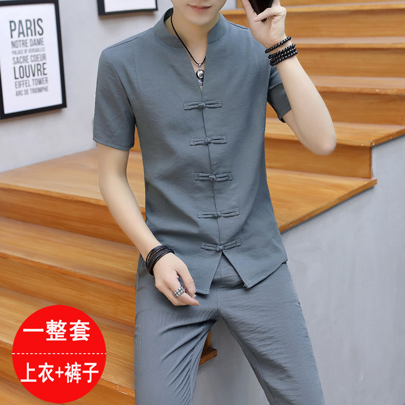 Chinese style summer Cotton and hemp suit man Short sleeved T-shirt Sociology Retro frog Flax Tang costume clothes Two piece setin the Men's clothing, T-shirt category - from Buy2taobao.com to provide professional Taobao agent buy service