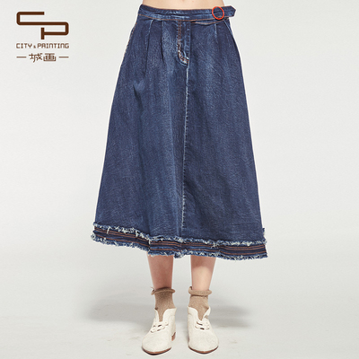 简约百搭拼贴下摆A字裙中长半身裙牛仔裙