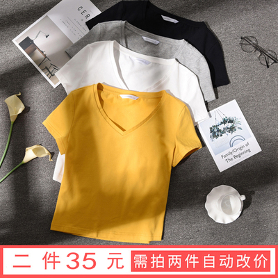 白色t恤女短袖V领漏肚脐高腰短款修身露脐纯棉上衣2018夏季韩版
