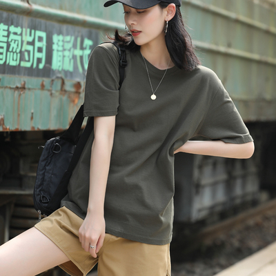 夏季短袖女宽松大码磨毛军绿色T恤女夏纯棉2020新款体恤胖mm上衣