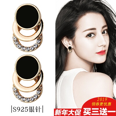 韩国气质时尚简约大方耳钉网红潮款短款圆圈纯银针带钻耳环耳饰女