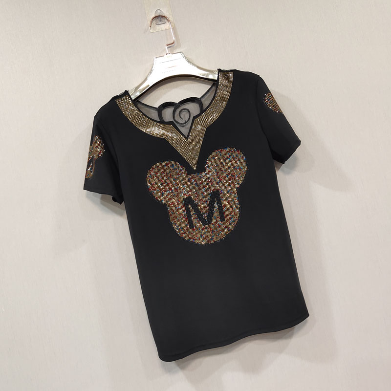 Net Red XL Summer wear Tencel Rome Thin section Hot stamping Color diamond Beautiful back Short sleeved Base coat Blousein the Women's clothing/Boutique , Large size women category - from Buy2taobao.com to provide professional Taobao agent buy service