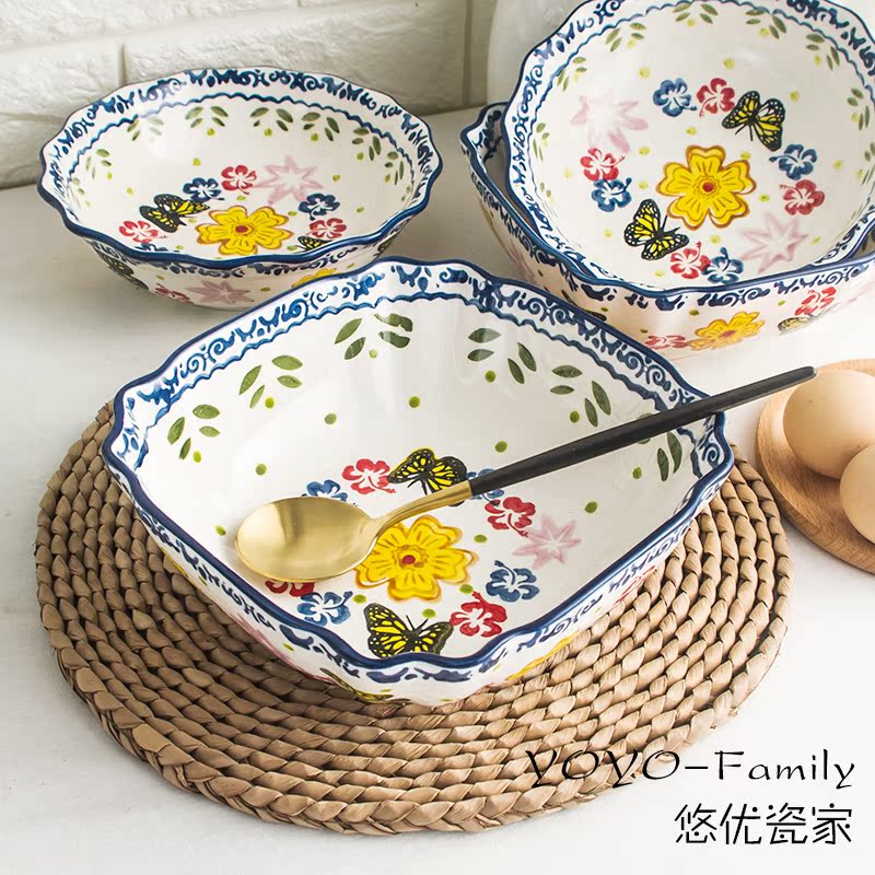 7.5 inch Deep blue Hand drawn ceramics Square Bowl fruit Salad bowl Noodle bowl Household soup bowlin the Tableware , Tableware , Bowl category - from Buy2taobao.com to provide professional Taobao agent buy service