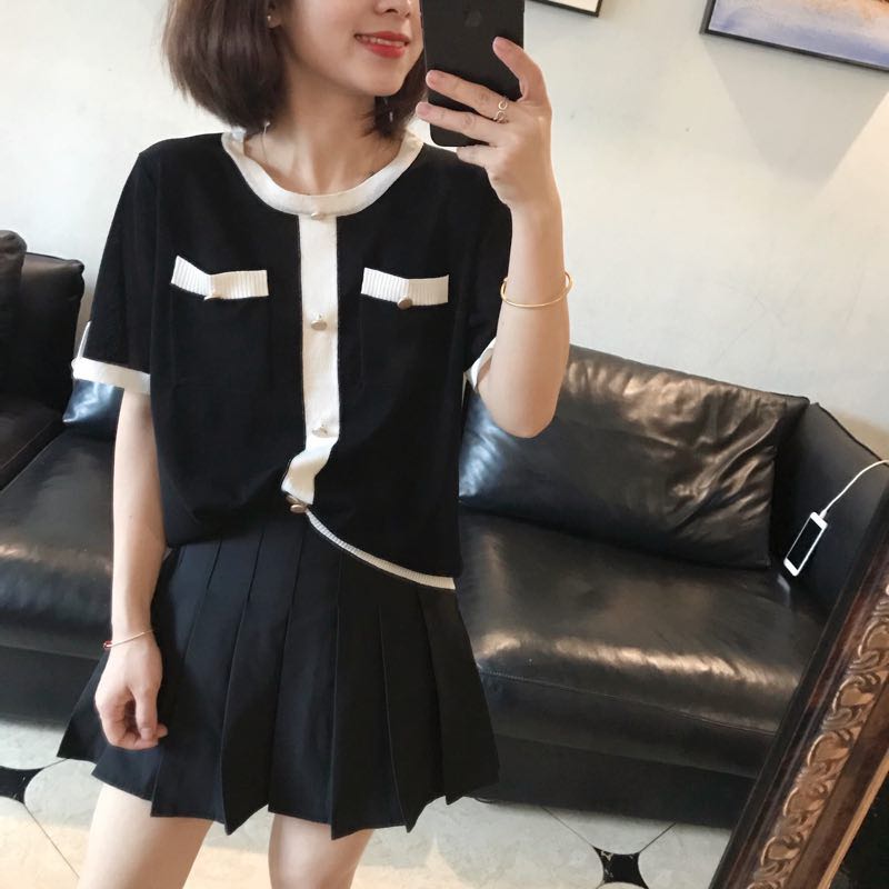 2019新款T恤女夏季冰丝小香风针织衫上衣短袖薄款简约拼色圆领|ruв категории Женская одежда, шерстяной свитер - от Buy2taobao.com для оказания профессиональной услуги покупки агента Taobao