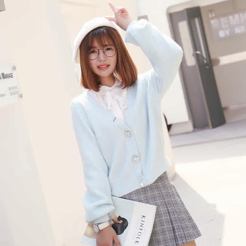 iFashion甜心 秋季小清新针织衫女开衫休闲百搭毛衣女短款外套