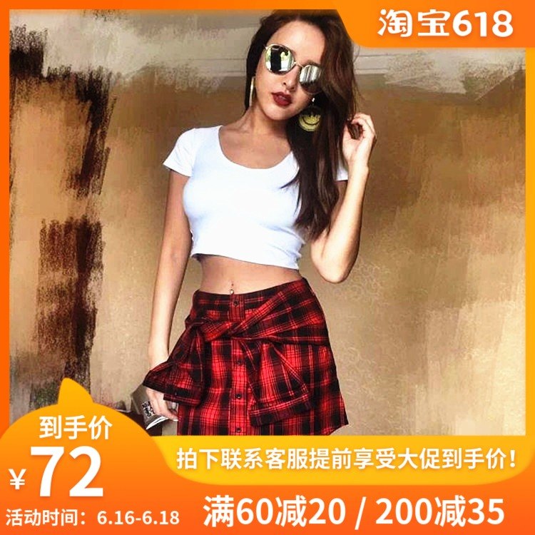 红色格子裙假两件衬衫绑带半身裙高腰显瘦A字裙夏季ins女短裙潮|msdalam kategori Butik wanita / wanita, skirt - dari Buy2taobao.com untuk memberikan perkhidmatan ejen Taobao profesional membeli