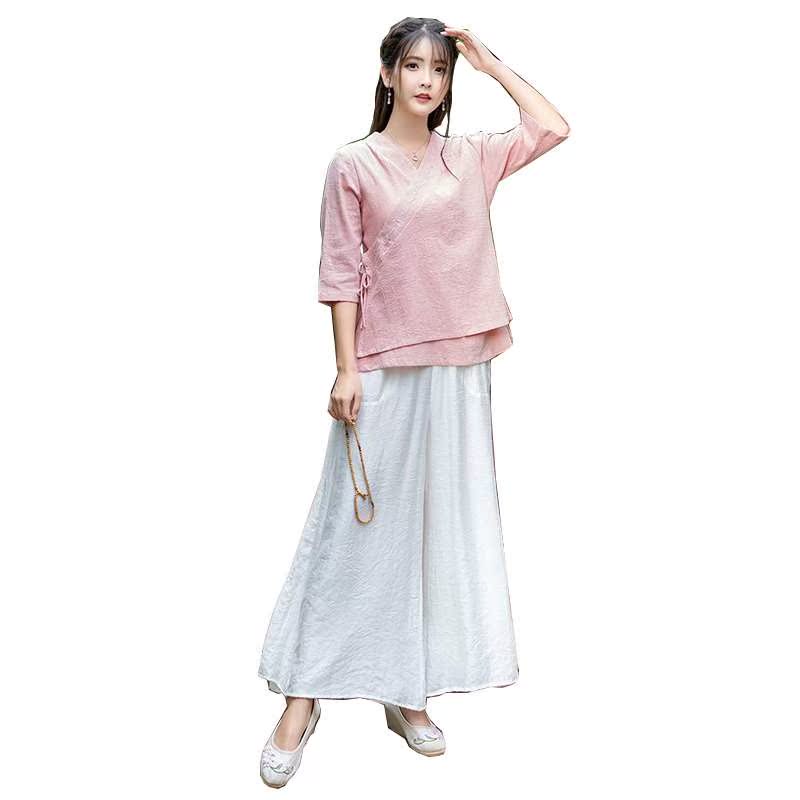 Improvement Yoga suit Two piece set 2019 Spring and summer new pattern Flax Surplice Elbow sleeve Wide leg pants suitin the Women's clothing/Boutique , Set/Student uniforms/Work uniforms , Other suits category - from Buy2taobao.com to provide professional Taobao agent buy service