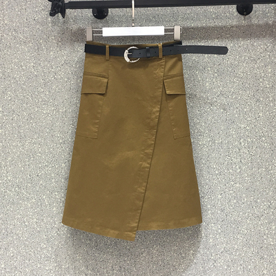 欧洲站中长款牛仔半身裙 2019夏季新款大口袋不规则高腰包臀A字裙