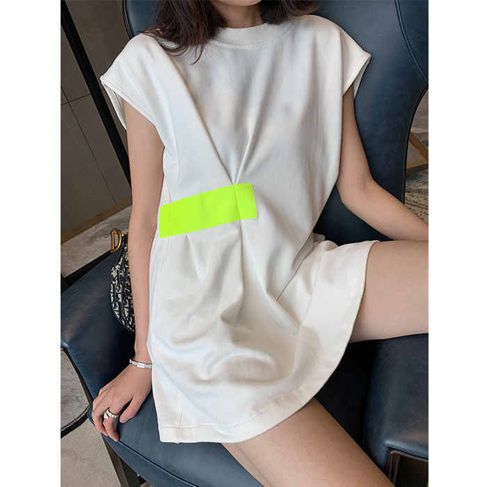 HANNISTUDIO设计款纯棉宽松荧光绿胶带假贴百搭白色纯T裙|msdalam kategori Butik wanita / wanita, baju-T - dari Buy2taobao.com untuk memberikan perkhidmatan ejen Taobao profesional membeli