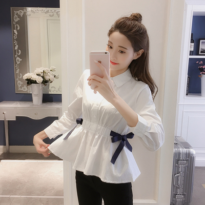 2018春季新款清新韩版上衣收腰系带九分袖polo领百搭白色衬衣棉